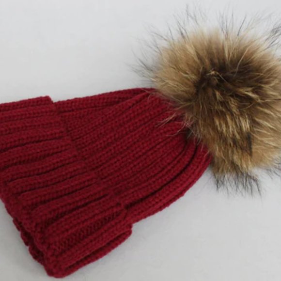 Burgundy Wine Bordeaux Natural Fur Pom Beanie Hat - Picture 3 of 5